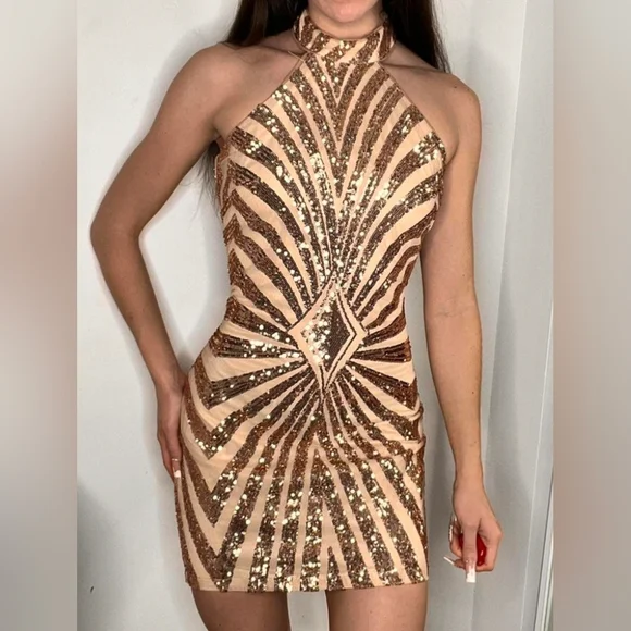 Fashion NOVA rose gold glittery Diva Vibes mini dress size Medium - Picture 6 of 12